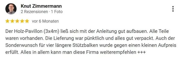 Meinung über das gekaufte Produkt auf Holz-Pawillon.de